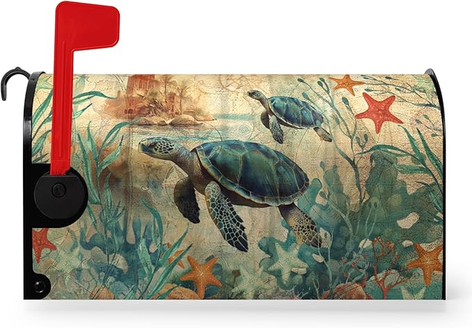 Sea Turtle Mailbox Cover Summer Nautical Mailbox Covers Magnetic Standard Size 21x18 Inch Ocean Coral Mail Box Wraps Coastal Post Letter Box Decor