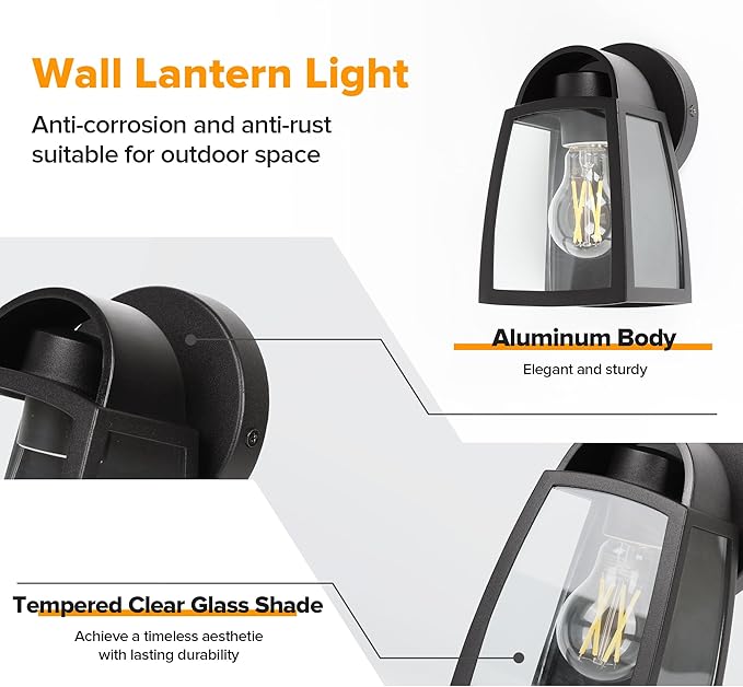 LUTEC 2 Pack Outdoor Wall Light Fixtures, Exterior Waterproof Wall Lantern with Clear Glass Shade, Aluminum Modern Matte Black Porch Sconce Outdoor Lighting for Garage Entryway Yard