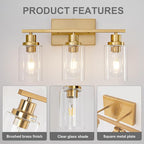 3 Light Bathroom Light Fixtures Brushed Brass Vanity Light Over Mirror Modern Farmhouse Wall Lighting Sconces Wall Lamp for Bathroom, Bedroom, Living Room E26 Socket with Glass Shade