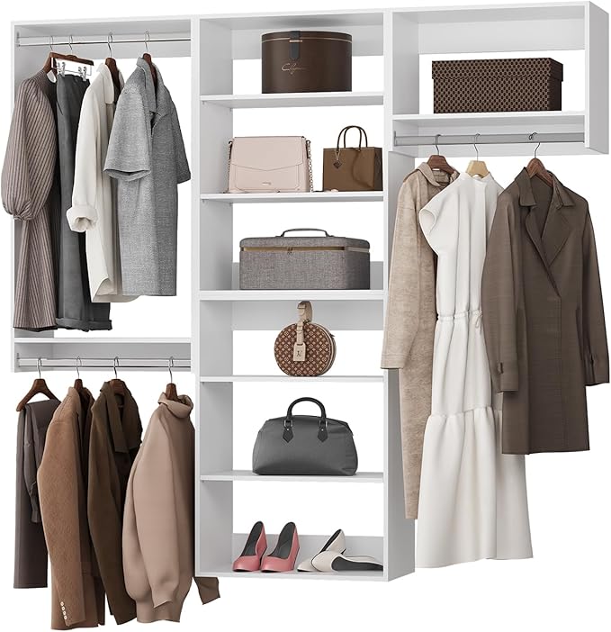 ROOMTEC Modular Closet System, 60" Wall-Mounted Closet Organizer with Hanging Rods, Modern Wooden Tower for Walk-In Closets, Wardrobe Storage Kit, White