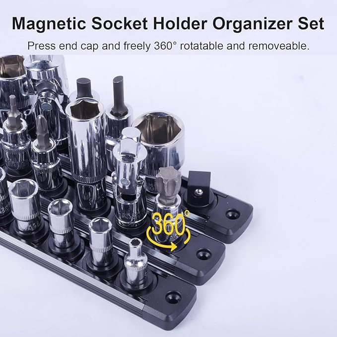 Magnetic Socket Holder Organizer Set:1/2-Inch Drive Socket Trays Socket, 360° Swivel 12 Clips Socket Holder Kit, For Automotive Mechanic Garage (Black)