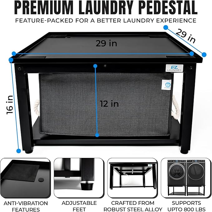 Washer and Dryer Pedestals - 29" W, 16" H, Black Steel Universal Fit with Major Brands, Leak-Proof Laundry Pedestal with Drain Pan & Hose, Washer and Dryer Stand for Back Pain Relief, 800 lbs Capacity
