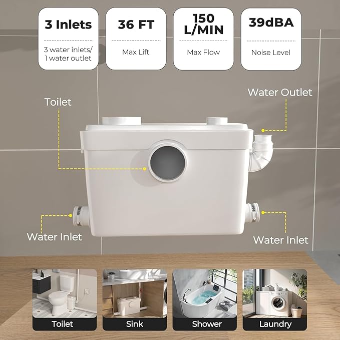 Upgrade 750W Macerator Pump,Grinding Upflush System, Non-clog Stainless Shell,Up to 36 ft,Sewerage Macerator Toilet Pump for Household Residential Basement Waste Water Disposal