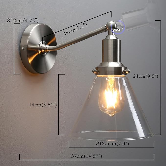 PERMO Industrial Vintage Slope Pole Wall Mount Single Sconce with Funnel Flared Clear Glass Shade Wall Sconce Light Lamp Fixture (Brushed)