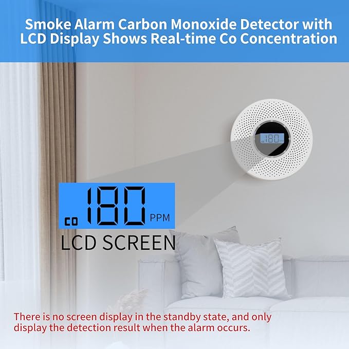 Smoke Detector Carbon Monoxide Detector Combo with Digital Display and Sound Light Alarm, 2-in-1 Smoke & CO Alarm with Battery Operated for Home, Travel or RV