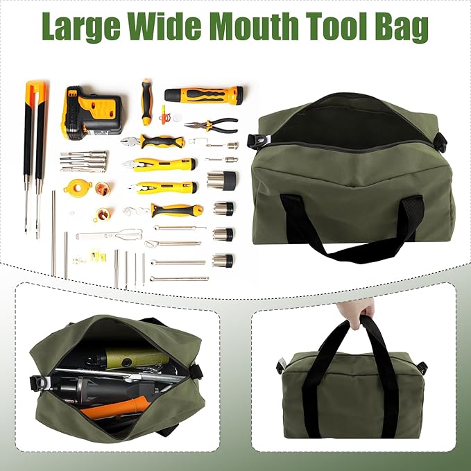 Small Tool Bag,Close Top Wide Mouth Tool Organizer Bag,Large Capacity Tool Bags for Men,Canvas Tool Storage Bag for Storage Handbag for Screwdrivers,Wrench,Pliers Hand Tools (Army Green, 16 Inch)