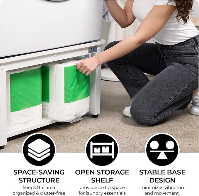 Washer and Dryer Pedestals - 24" W, 16" H, White Steel Universal Fit with Major Brands, Leak-Proof Laundry Pedestal with Drain Pan & Hose, Washer and Dryer Stand for Back Pain Relief, 800 lbs Capacity