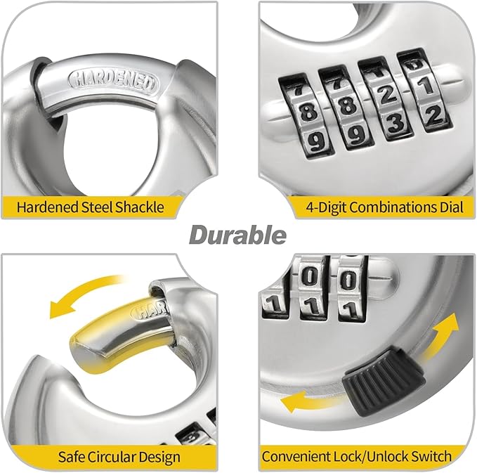 HOX Combination Lock, 4 Digit Disc Padlock with 3/8 Inch Hardened Steel Shackle, 2-3/4 Inch Wide Body, Keyless Heavy Duty Combo Lock for Hasp Latch, Sheds, Fences, Storage Locker (8 Pack)