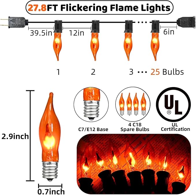 27.8Ft Fall Decor Flickering Flame String Lights Orange Halloween Lights with 25+2 Pack C7 Orange Flame Light Bulbs, Flame String Lights for Fall Halloween Decorations for Home Mantel Party Garden