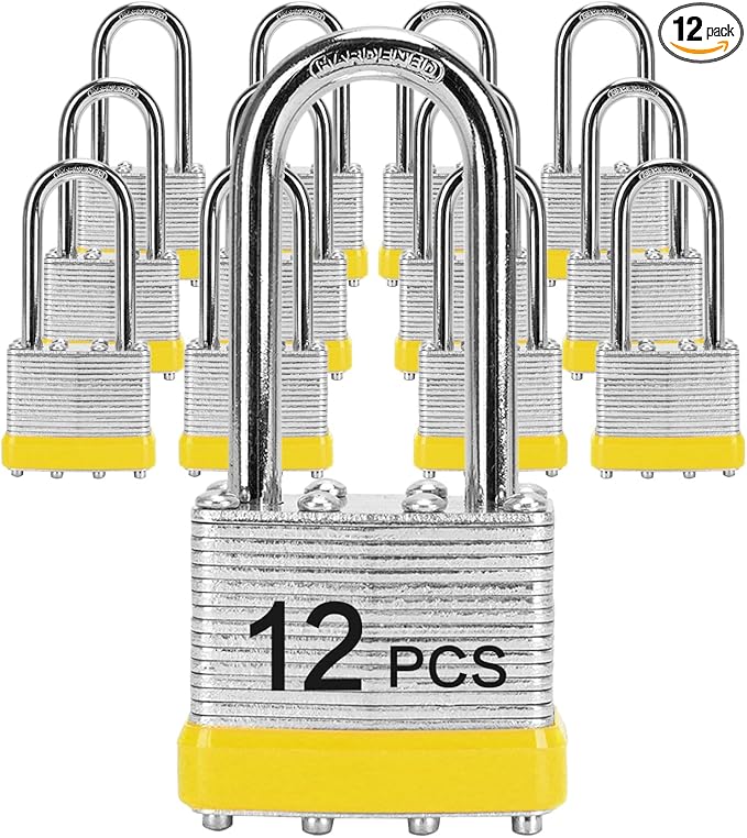 Padlocks with Same Key, LQYN 12 Pcs Laminated Keyed Padlock (1-9/16", 40mm), Keyed Alike Locks, Long Shackle, for Storage Locker, Hasp Latch, Toolbox, Sheds