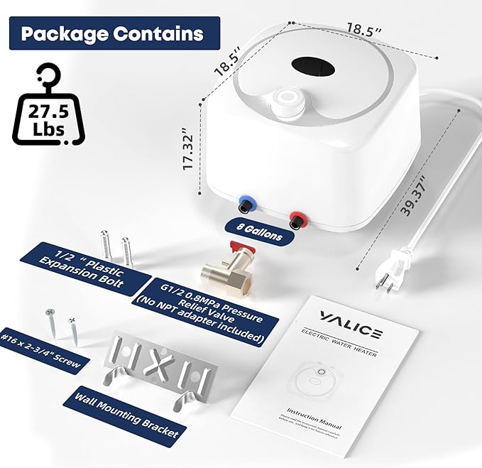 YALICE Electric Tank Water Heater, 8 Gallons Under Sink Instant Hot Water Heaters, 1500W, 110-120V, Electric Mini Tank Water Heater Compact Design for RV, Kitchen, Food Truck, Wall or Floor Mounted