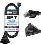 Iron Forge Cable 8 Ft Black Extension Cord with 3 Outlets - 16/3 SJTW 8 Foot Extension Cord 3 Prong, Weatherproof Exterior Power Cable for Outdoor