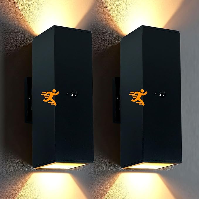2 Pack Motion Sensor Outdoor Wall Lights, Dusk to Dawn Up & Down Sconces with E26 Dimmable LED Bulbs, Black Aluminum Porch, Patio, Garage,Front Door Lighting Fixtures, ETL Listed