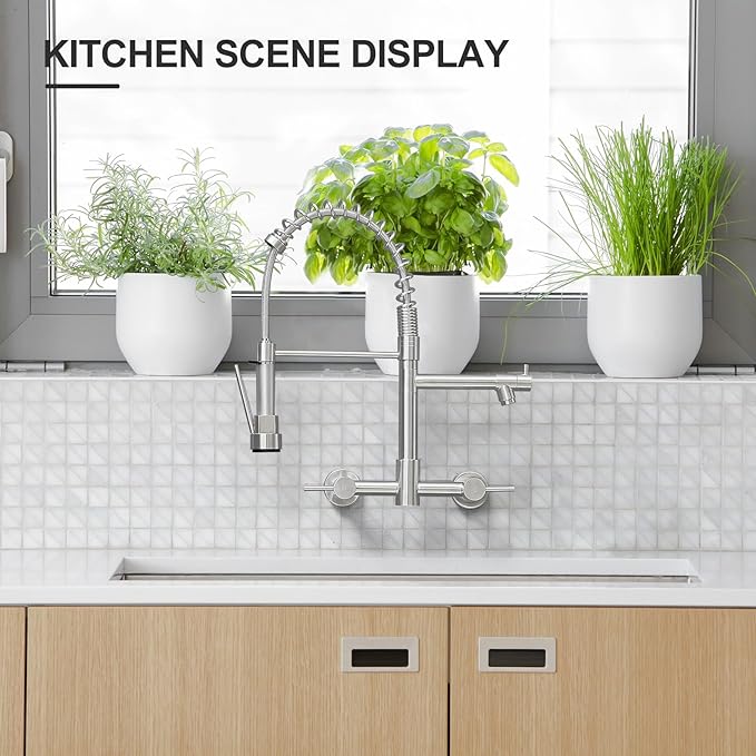 AIMADI Wall Mount Kitchen Faucet,Commercial Sink Faucet with Sprayer, Dual Handles Utility Sink Faucet for Kitchen Laundry Restaurant,Stainless Steel