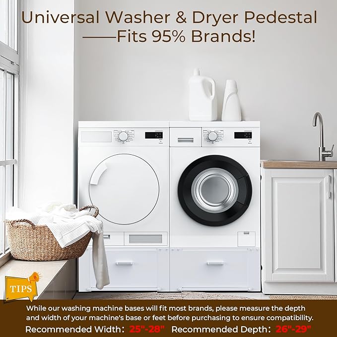 SKM 2 Pack Laundry Pedestals with Drawer - 28" Washer and Dryer Stand, Steel Washing Machine Raiser for Elevation, 14.3 Inches Height, White