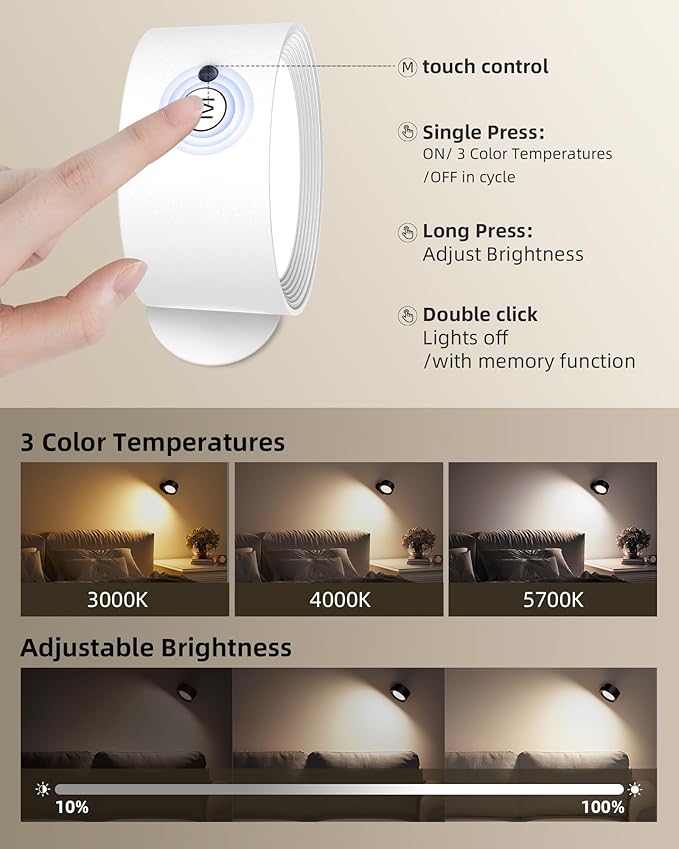 LED Wall Mounted Lights, Rechargeable Wall Sconces Lamp, 3 Color Temps & Remote and Touch, 360°Rotation Dimmable Cordless Wall Light for Study Bedroom Reading Bedside(White, 2 Pack)