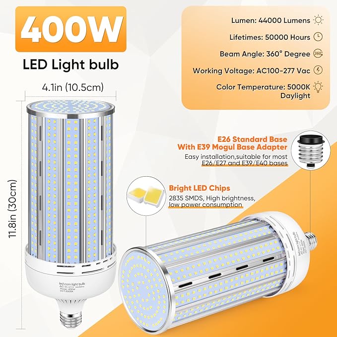 2 Pack 400W Corn LED Light Bulb Fanless,5000K Daylight(Eqv.1,200w Mh/Hps/Hid) Non-Dimmable E26/E39 Large Mogul Base LED Cob Lamp 57,000LM for Garage Warehouse Factory Workshop Street Backyard