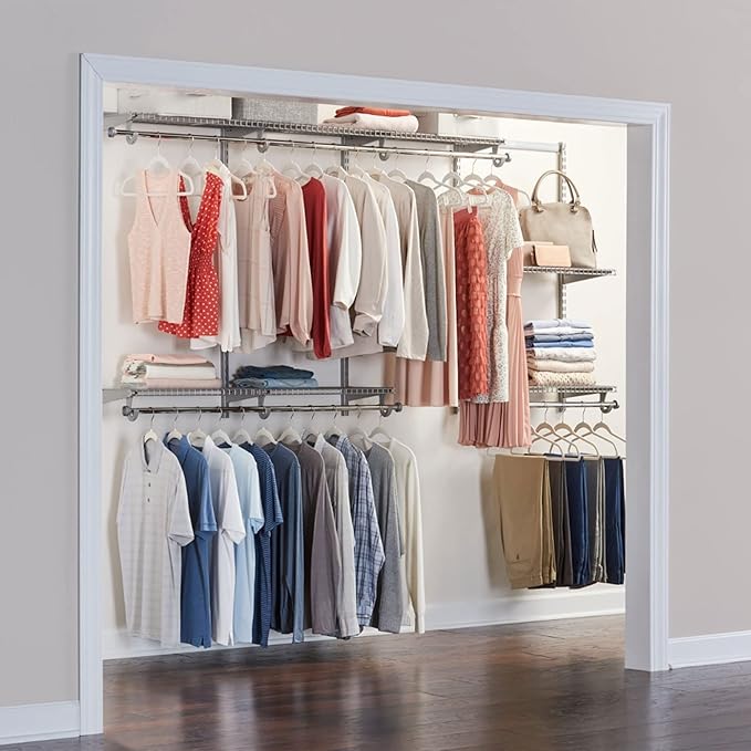 Rubbermaid Configurations Custom Closet Kit 4-8 Ft. Adjustable Metal Wire Shelving Titanium Finish Expandable Organization System Hardware Included for Home Closet/Pantry/Laundry/Mudroom