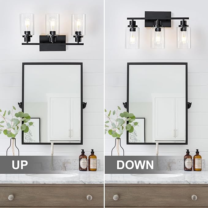 3 Light Bathroom Light Fixtures Black Vanity Light Over Mirror Modern Farmhouse Wall Lighting Sconces Rustic Industrial Wall Lamp for Bathroom, Bedroom, Living Room E26 Socket with Glass Shade