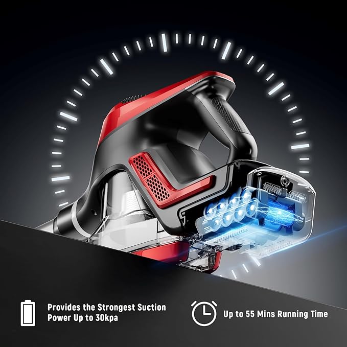 Cordless Vacuum Cleaner, 30Kpa Home Stick Vacuum, Smart Display & 1.5L Dust Cup, 55mins Max Runtime, Rechargeable Lightweight Handheld Vavuum for Pet Hair/Carpet/Hardwood Floor/Car (Red)