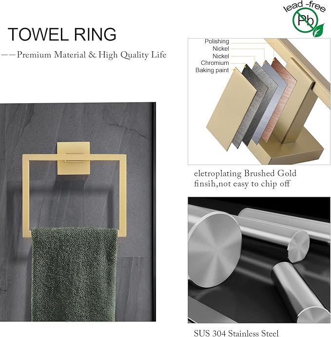 TNOMS 5-Piece Bathroom Hardware Set 23.6 Inch Gold Towel Bar Set Towel Bar Towel Ring Coat Hook and Toilet Paper Holder with Shelf Wall Mounted Stainless Steel Bathroom Accessories Set