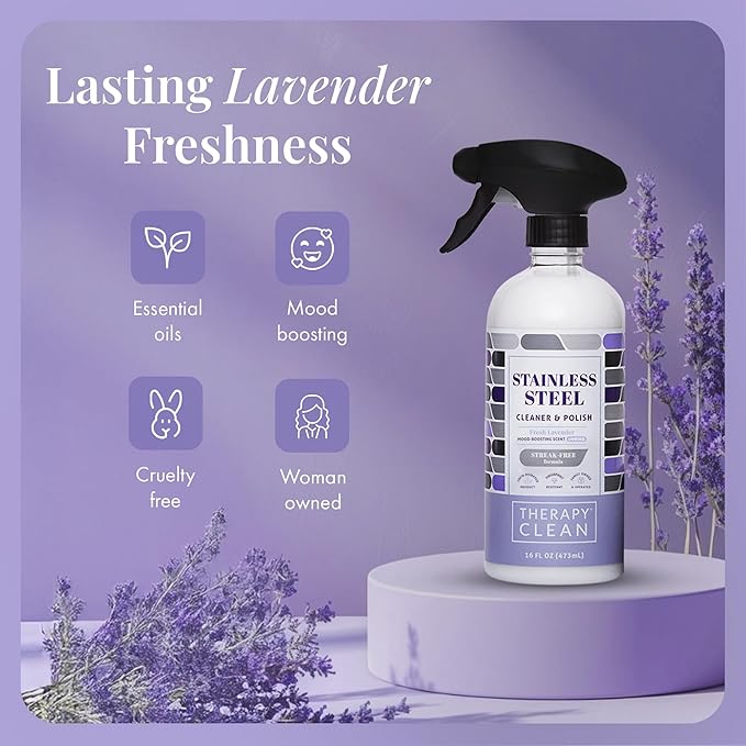 Therapy Stainless Steel Cleaner and Polish 100% USDA Biobased, Fingerprint and Residue Remover, Lavender Essential Oil Scent, Sink Cleaner, Grill Spray