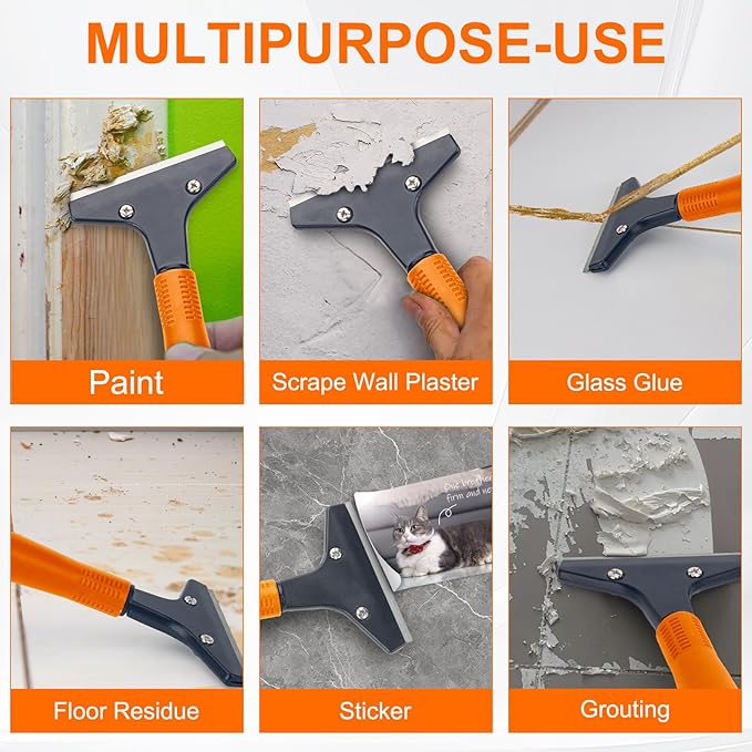 KeFanta Razor Blade Floor Scraper, 4" Wide Heavy Duty Scraper Tool with 45.7" Long Handle, 10PCS Extra Metal Blades, Paint Scrapers for Cleaning Wall Glass Tile Floor Paint Gum Glue Stains Linoleum
