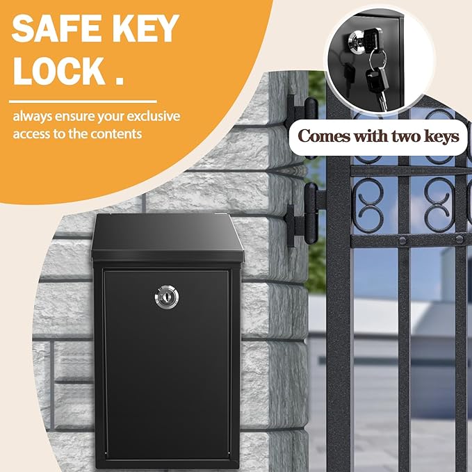 Locking Mailbox with Key for Outdoor 6 x 3.4 x 10.6 Inches Small Wall Mount Mail Box with Lock Security Mail Drop Metal Collection Boxes Hanging Secure Postbox Black