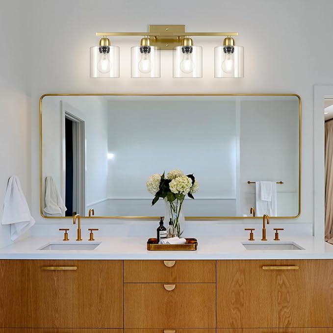 Modern Brushed Gold 4 Light Bathroom Light Fixtures, 24 inch Vanity Lights for Bathroom with Clear Glass for Mirror Kitchen Living Room Hallway Cabinet Porch