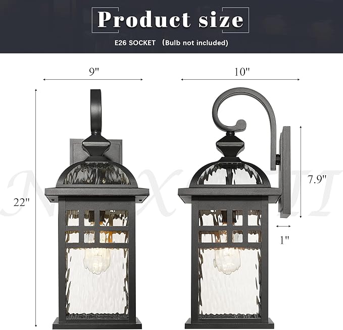 Outdoor Wall Light Exterior Waterproof Wall Sconce Light 22 Inch Height Black Porch Light with Water Ripple Glass E26 Socket