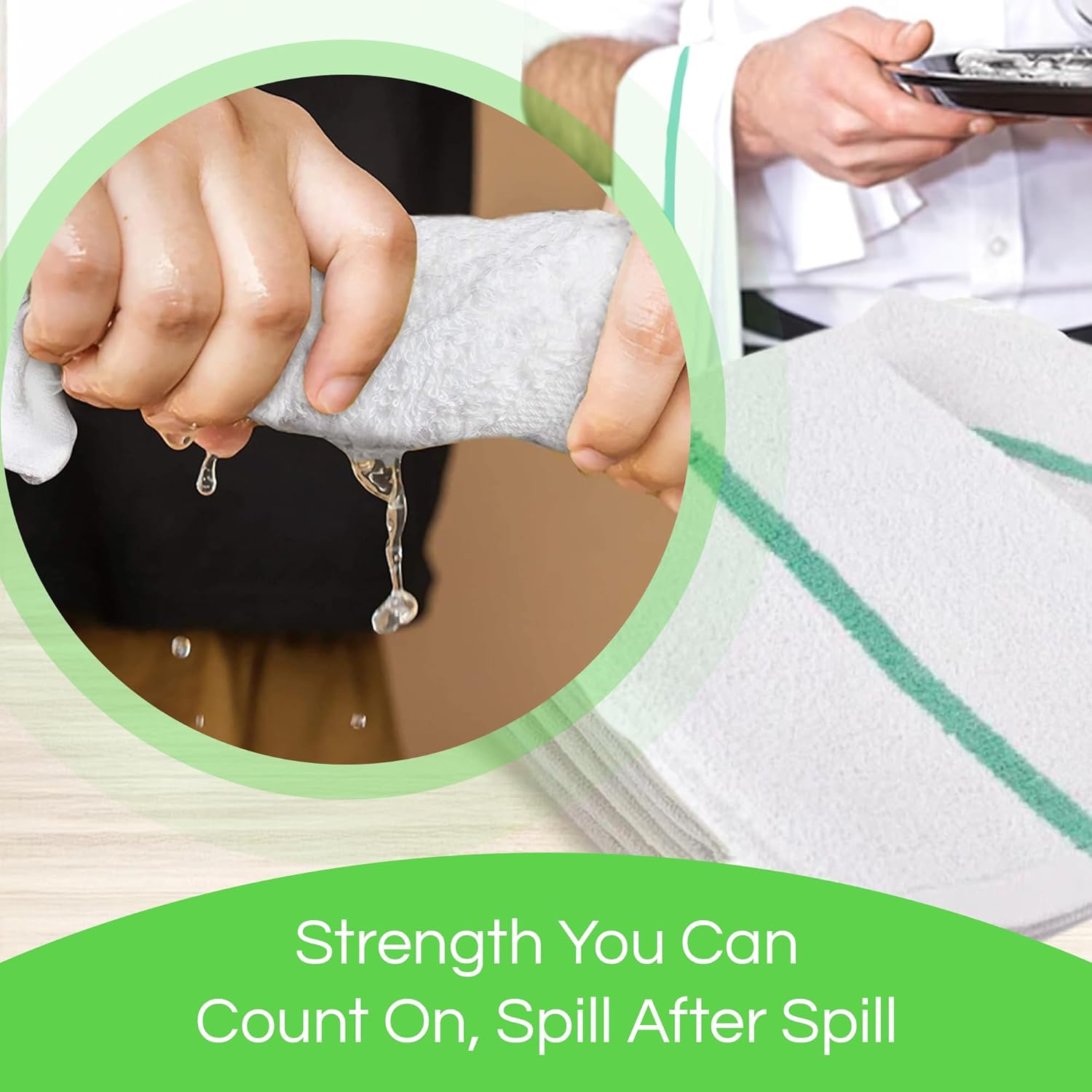 Towels N More 24 Pack 16x19 Bar Mop Towels High Absorbent Cotton Reusable Kitchen Towels - Quick Drying Towels for Chef, Cook, Home, Restaurant, Bar Glass Cleaning Towels (24, Green Stripe)