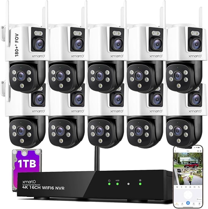 [2-in-1 CAM] XMARTO 16CH Security Camera System Outdoor Wireless, 10pcs 2-in-1 Cameras, 16CH 4K Long Range WiFi 6 Surveillance DVR NVR Kit, Pan Tilt Zoom 4MP QHD Home CCTV Camera Set w. 1TB Hard Disk