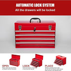 4 Drawers Metal Tool Box, 21" Portable Steel Tool Chest w/Key Lock & Latch Closure, Multi-Function Top Storage Tray Toolbox w/Powder Coating & Ball Bearing Slides for Garage & Workshop (Red)