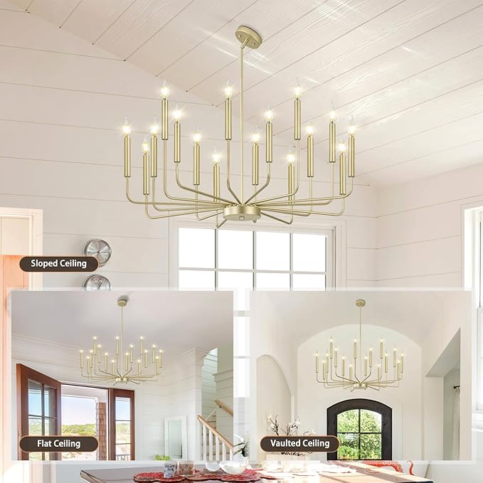 Qamra Modern Farmhouse Gold Chandelier for Dining Room, 16-Light Rustic Candle Chandelier Light Fixture, Industrial Hanging Chandeliers Lighting for Living Room, Kitchen, Staircase, Entryway, Foyer