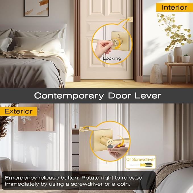 EHOMEWARE 4 Pack Privacy Door Levers, Gold Interior Door Handles for Bedroom or Bathroom, Keyless Heavy Duty Interior Door Knob, Zinc Alloy Modern Door Hardware & Locks