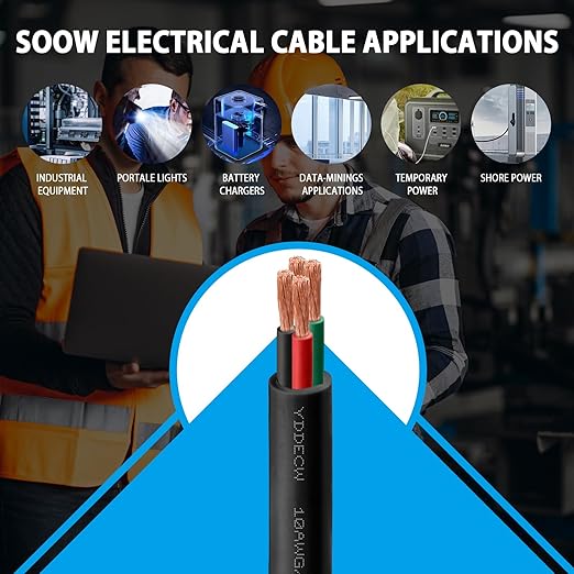 200ft 10/4 10 AWG Portable Power Cable (4 Conductor) - SOOW 600V 10 Gauge Electric Wire for Motor Leads, Portable Lights, Battery Chargers and Machinery - 4 Conductor - 200 Feet Electrical Cord