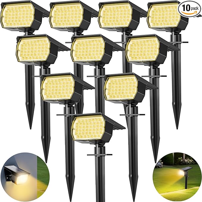 Solar Spot Lights Outdoor 10 Pack, [46 LED/3 Modes] Solar Landscape Spotlights Waterproof, 2-in-1 Auto On/Off Solar Powered Lights for Outside Yard Garden Wall Pathway(Warm White)