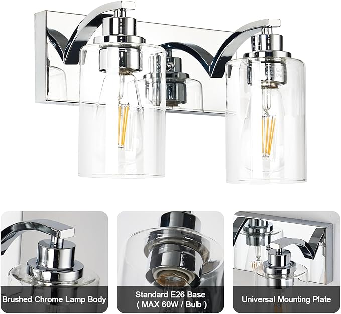 2-Light Bathroom Light Fixtures Modern Chrome Vanity Lights for Bathroom Lighting Fixtures Over Mirror with Clear Glass Shade for Cabinet Mirror Bedroom Hallway