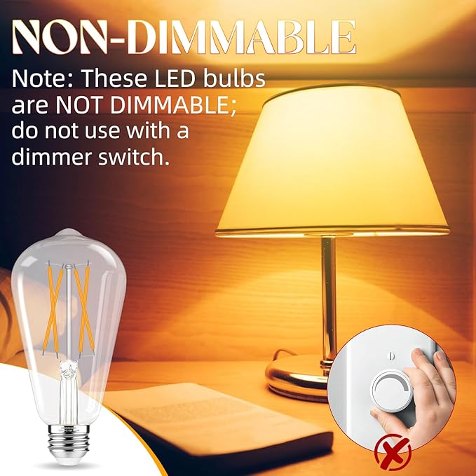 Edison Bulbs, E26 LED Bulb 60 watt Equivalent, Non-Dimmable, 2700K Warm White, ST58 Vintage Light Bulbs, 90+ CRI, E26 Medium Base, Clear Glass, 6 Pack
