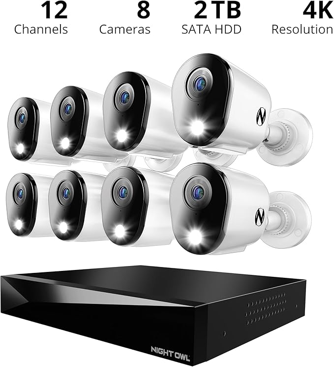 Night Owl 2-Way Audio 12 Channel DVR Video Home Security Camera System with (8) Wired 4K HD Indoor/Outdoor Deterrence Cameras and 2TB Hard Drive (Add up to 4 Wi-Fi Cameras) (8 Camera)