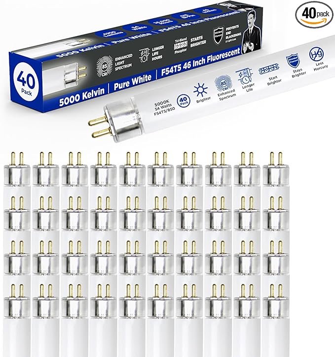 GoodBulb 54W 46 Inch T5 Fluorescent Light Bulb | 5000K Daylight White Light Medium Bi-Pin Base | 4950 Lumens 85 CRI 36000 Life Hours | Instant/Programmed Start (Pack of 40 Bulbs)