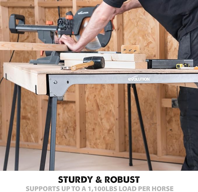 Evolution Power Tools Compact Folding Saw Horses Twin Pack (Aka Saw Bench, Sawhorse Pair) - Supports Up to 500KG - Lightweight & Portable (EVOSH1)