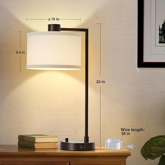 Luvkczc Table Lamp for Bedroom Set of 2 with USB C+A Ports - Fully Stepless Dimmable Bedside Lamp with Linen Lampshade - Contemporary Lamp for Living Room Reading Office, 2 Bulbs Included (Red Brown)