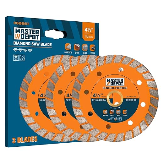 4-1/2 Inch Diamond Cutting Blade, Turbo Rim for Angle Grinder Circular Saw Cutter Wheel Dry Wet for Masonry/Concrete/Brick/Stone, 7/8"-5/8" Arbor (115mm, 3 PCS)