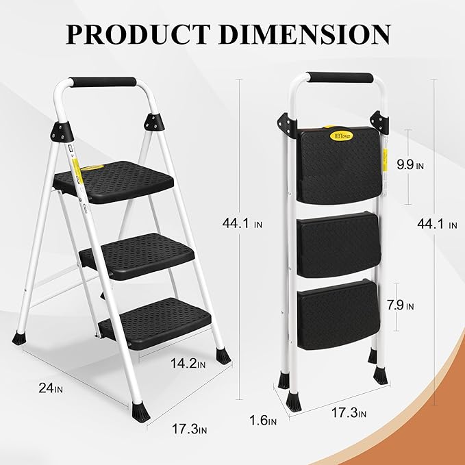 HBTower Step Ladder, Folding Step Stool with Wide Anti-Slip Pedal, Sturdy Steel Ladder, Convenient Handrail, Lightweight, Portable Steel Step Stool