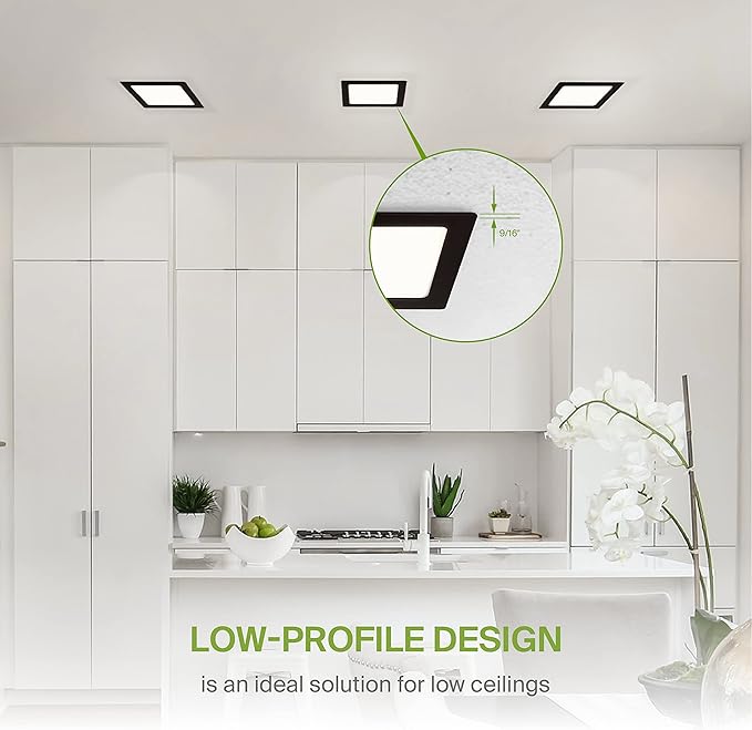 ASD 6 Pack LED Square Recessed Lighting 6 Inch, 5 CCT 2700K-5000K CRI90+, 15W 60W Eqv, Ultra Thin Dimmable Ceiling Lights with J Box, Canless Wafer Downlight, Slim Panel Light, UL Energy Star, Black