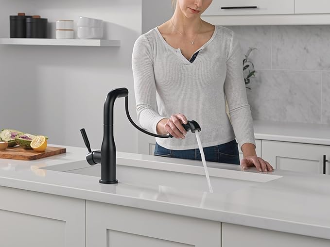 Delta Almari Matte Black Kitchen Faucet with Pull-Out Sprayer, Modern Single Hole Kitchen Sink Faucet, Single Handle, Matte Black 16943-BL-DST