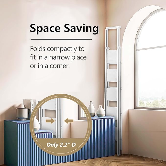 GameGem 5 Step Ladder for 10 Feet High Ceiling, Folding Step Stool Stepladders with Anti-Slip and Wide Pedal for Home and Kitchen Use Space Saving (White)