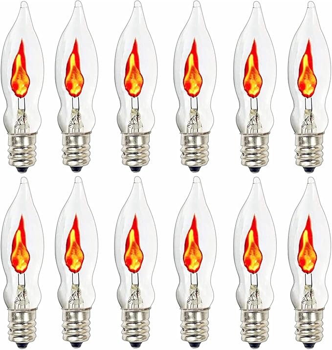 SUNSGNE Christmas Flicker Flame Light Bulbs, Crystal Clear Flame Tip Candelabra Bulbs, C18 Flickering Replacement Bulbs Dances with Orange Flame, 1 Watt, 120 Volt, E12 Candelabra Base, 12 Pack