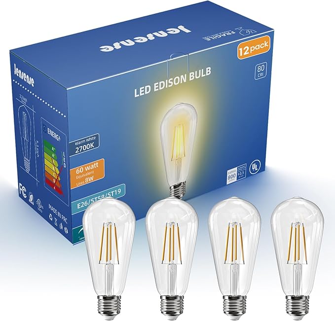 Jensense Edison LED Light Bulbs 8Watt Dimmable, 2700K Warm White, E26 Base, 60W Equivalent, Vintage Style, 800lm, CRI 90, Clear Glass, 12 Pack